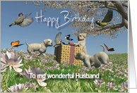 Labrador puppies Birds and Butterflies Birthday Husband card