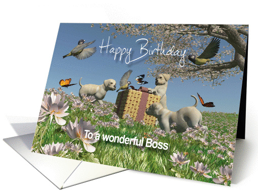 Labrador puppies Birds and Butterflies Birthday Boss card (1334116)