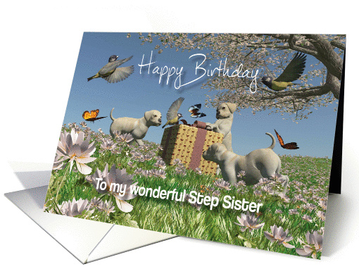 Labrador puppies Birds Butterflies Birthday Step Sister card (1334848)