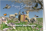 Labrador puppies Birds Butterflies Birthday Step Daughter card