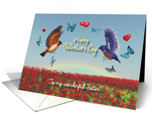 Valentine Birds Hearts Poppies and Rainbow for Sister card (1341432)