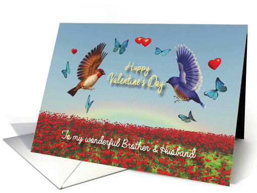 Valentine Birds Hearts Poppies and Rainbow for Brother & Husband card