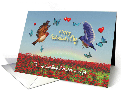 Valentine Birds Hearts Poppies and Rainbow for Sister & Wife card