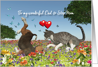 Dad & Step Mom Valentine with a cat and puppy dog card