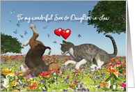 Son & Daughter-in-Law Valentine with a cat and puppy dog card