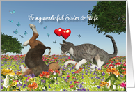 Sister & Wife Valentine with a cat and puppy dog card