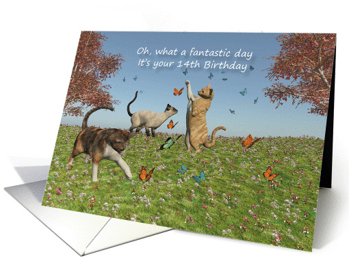14th Birthday Fantastic Day with Cats and butterflies card (1352388)