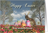 Happy Easter bunny eggs and flowers to Parents card