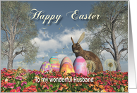 Happy Easter bunny eggs and flowers to Husband card