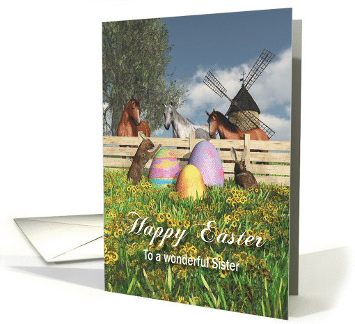 Whimsical Fantasy Easter bunnies eggs and horses for Sister card