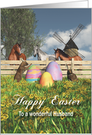 Whimsical Fantasy Easter bunnies eggs and horses for Husband card