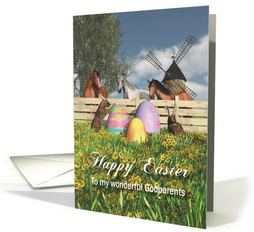 Whimsical Fantasy Easter bunnies eggs and horses for Godparents card