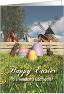 Whimsical Fantasy Easter bunnies eggs and horses for Godmother card