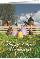 Whimsical Fantasy Easter bunnies eggs and horses for Cousin card