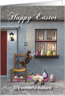 Whimsical Fantasy Easter Eggs and Cats for Husband card