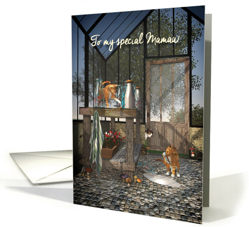 For Mamaw Whimsical Fantasy Cats in Greenhouse Mother's Day card