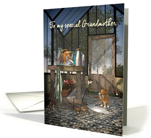 For Grandmother Whimsical Fantasy Cats in Greenhouse Mother's Day card