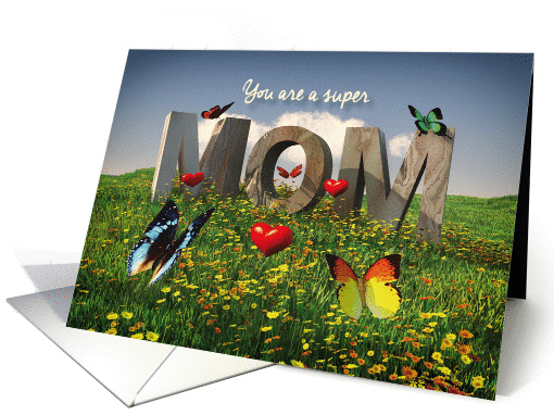 Super Mom in stone with butterflies and hearts Mother's Day card