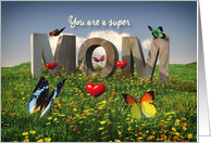 Super Mom in stone with butterflies and hearts Mother’s Day card