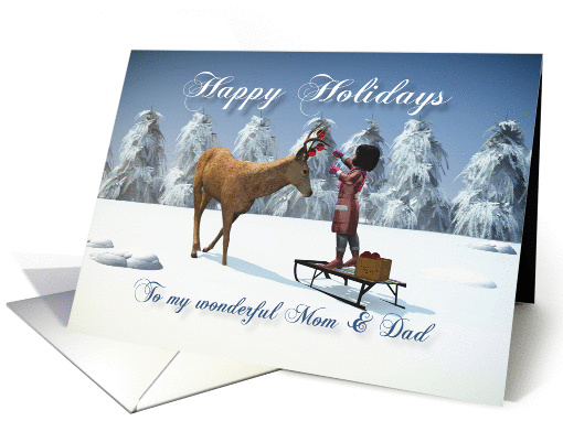 Mom & Dad Fantasy girl decorates a reindeer with Christmas balls card