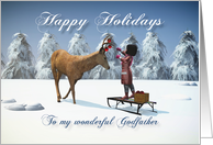 Godfather Fantasy girl decorates a reindeer with Christmas balls card