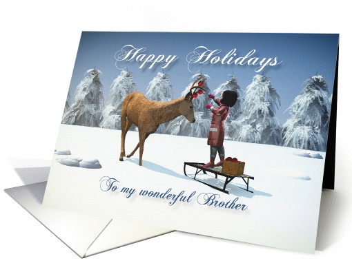Brother Fantasy girl decorates a reindeer with Christmas balls card