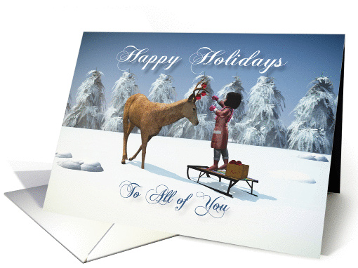 All of You Fantasy girl decorates a reindeer with Christmas balls card