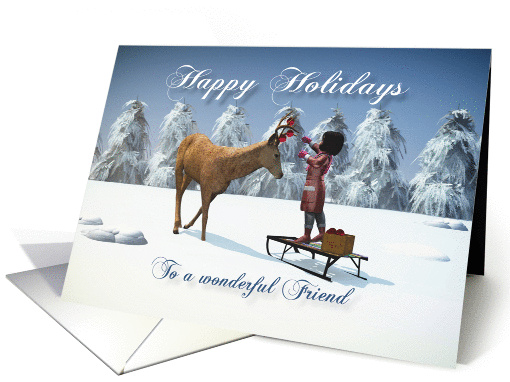 Friend Fantasy girl decorates reindeer with Christmas balls card