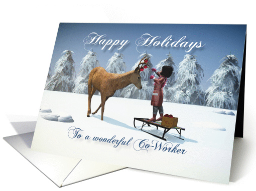 Co-Worker Fantasy girl decorates reindeer with Christmas balls card