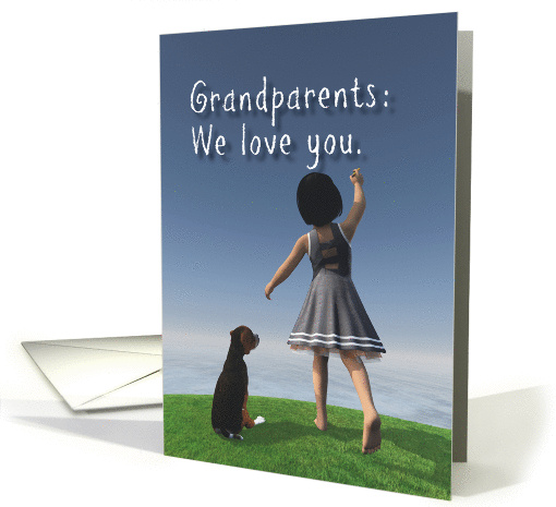 Grandparents Fantasy Girl with dog writing in the sky Valentine card
