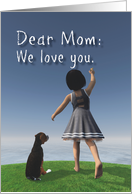 Mom Fantasy Girl with dog writing in the sky Valentine card