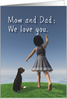Mom & Dad Fantasy Girl with dog writing in the sky Valentine card