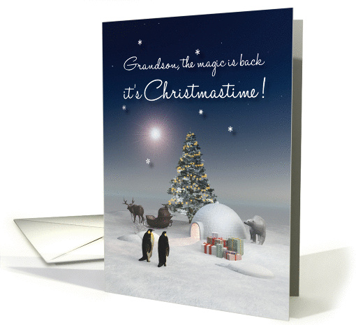 Grandson Fantasy Polar Bear Penguins Reindeer Igloo Christmas card