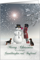 Granddaughter & Boyfriend Fantasy Girl Snowman Dog Snowscene Christmas card