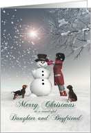 Daughter & Boyfriend Fantasy Girl Snowman Dog Snowscene Christmas card