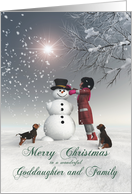 Goddaughter & Family Fantasy Girl Snowman Dog Snowscene Christmas card