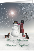 Mom and Boyfriend Fantasy Girl Snowman Dog Snowscene Christmas card