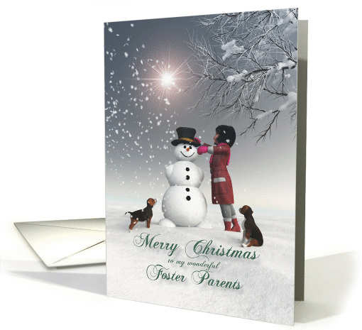 Foster Parents Fantasy Girl Snowman Dog Snowscene Christmas card