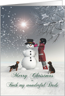 Both Dads Fantasy Girl Snowman Dog Snowscene Christmas card