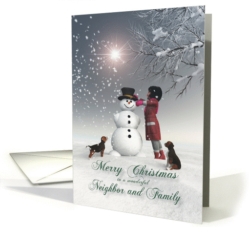 Neighbor & Family Fantasy Girl Snowman Dog Snowscene Christmas card