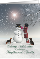 Neighbor & Family Fantasy Girl Snowman Dog Snowscene Christmas card