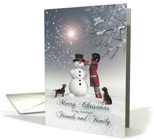 Friends & Family Fantasy Girl Snowman Dog Snowscene Christmas card