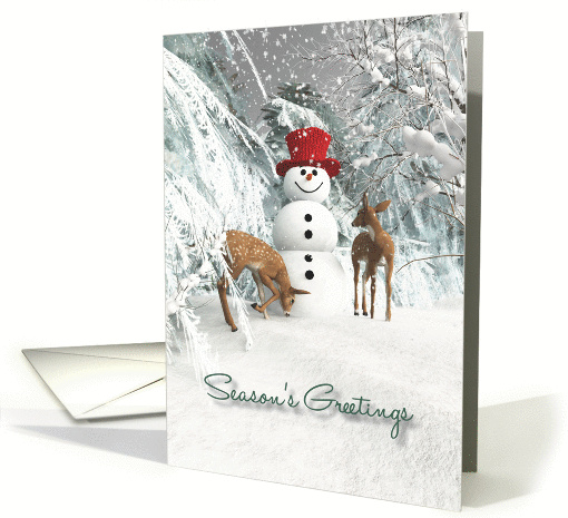 Fantasy Snowman with fawns in the woods card (1395174)