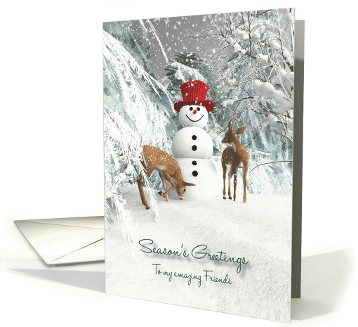 Friends Fantasy Snowman with fawns in the woods card (1395176)