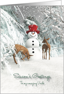 Uncle Fantasy Snowman with fawns in the woods card