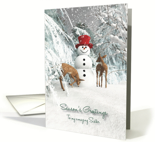 Sister Fantasy Snowman with fawns in the woods card (1395184)
