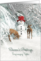 Nephew Fantasy Snowman with fawns in the woods card