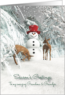Grandparents Fantasy Snowman with fawns in the woods card