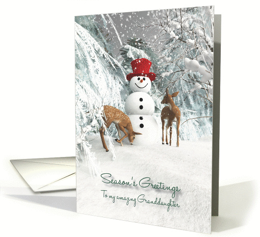 Granddaughter Fantasy Snowman with fawns in the woods card (1395204)