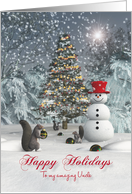 Uncle Fantasy Squirrels decorating Christmas tree card